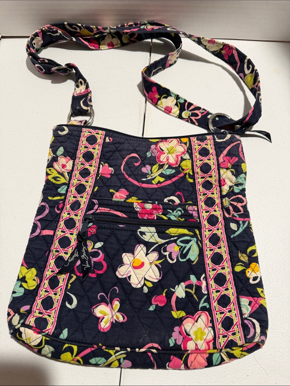Vera Bradley Navy Floral Crossbody Bag - Quilted Cotton Shoulder Bag